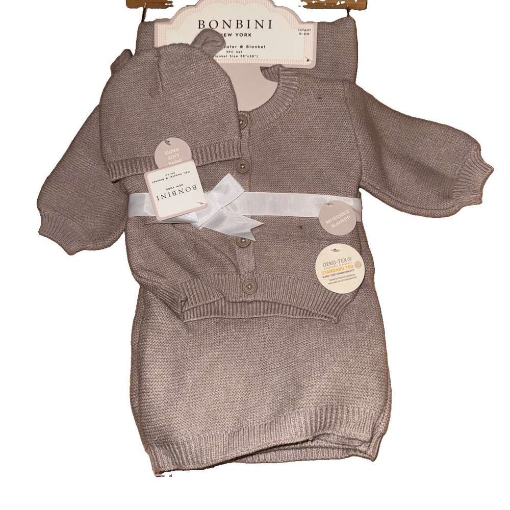 NEW Bonbini Baby Blanket & Sweater Hat Set Embroidered 3 Piece Infant To 6month